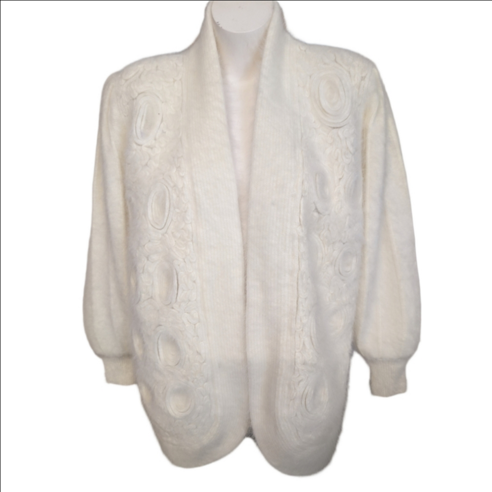 Vintage Angora Sweater White Fuzzy  Open Front Shoulder Pads 90s Style Size L